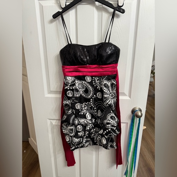 Y2K 2000s Formal Dress Size 7 Black White Hot Pink Sequin Mini Bubble Hem Short - Picture 1 of 6